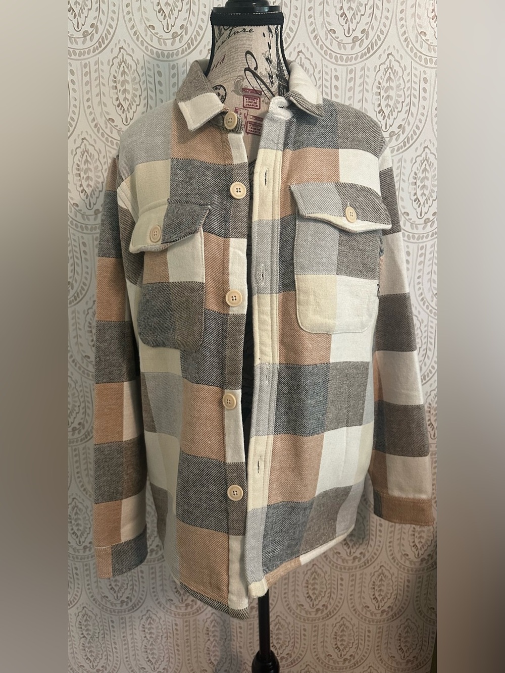 Magaschoni Plaid Shacket in Cream, Gray & Tan